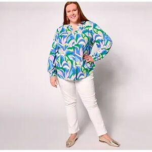 Belle by Kim Gravel Mod Amore Split V-Neck Blouse - XS - Green/Blue